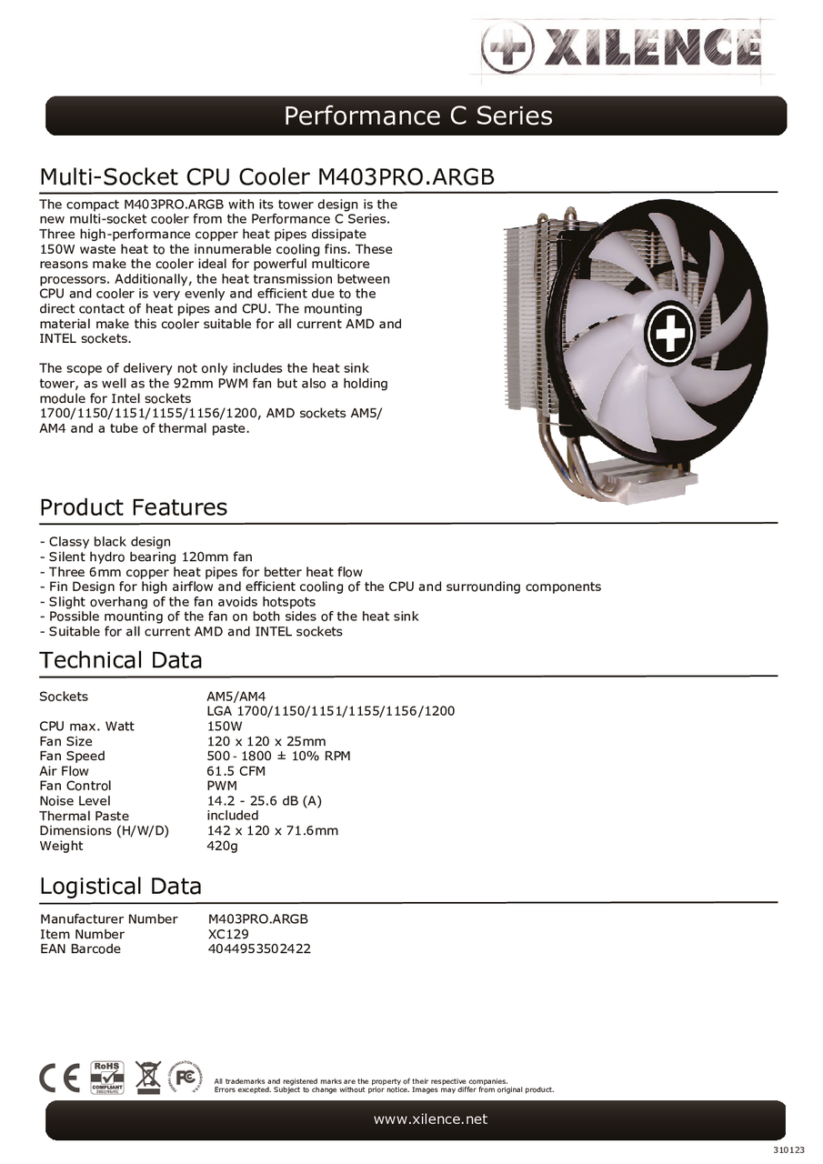 Xilence Xc129 M403pro Argb Cpu Cooler Intel Lga11 10 1156 1155 1151 1150 Amd Am4 Am3 Am3 Am2 Am2 Fm2 Fm2 Fm1 Performance C M403pro Argb